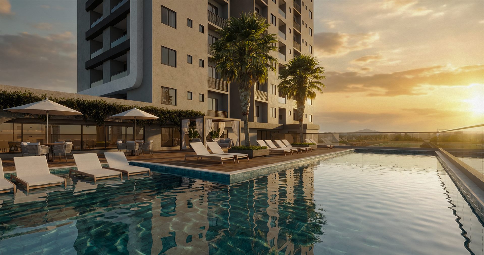Render da piscina e da fachada do empreendimento