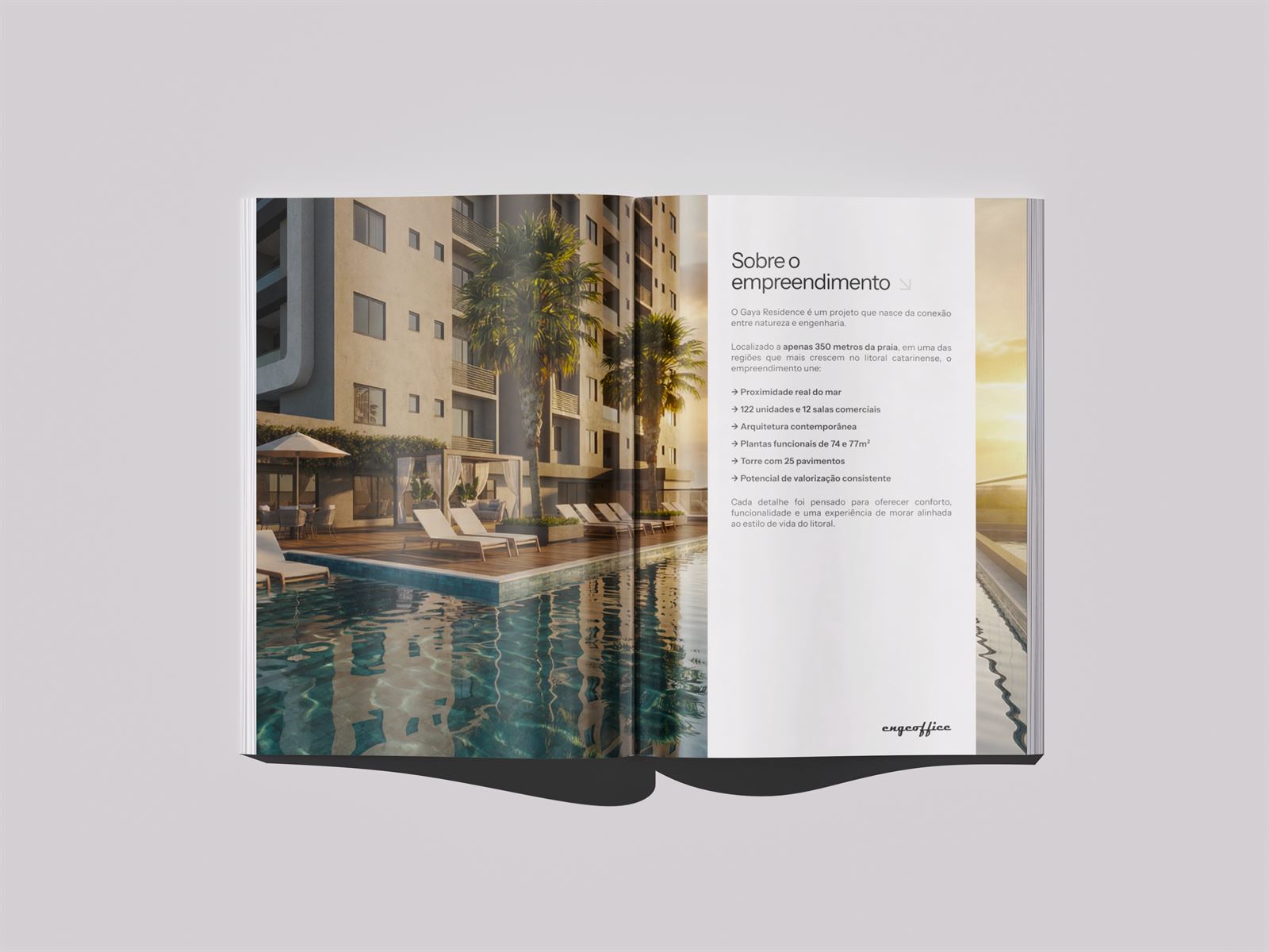 Spread 'sobre o empreendimento', com render da piscina